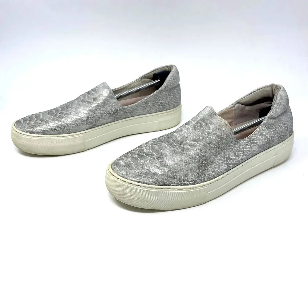 J SLIDES Silver White Slip On Snake Print Sneakers